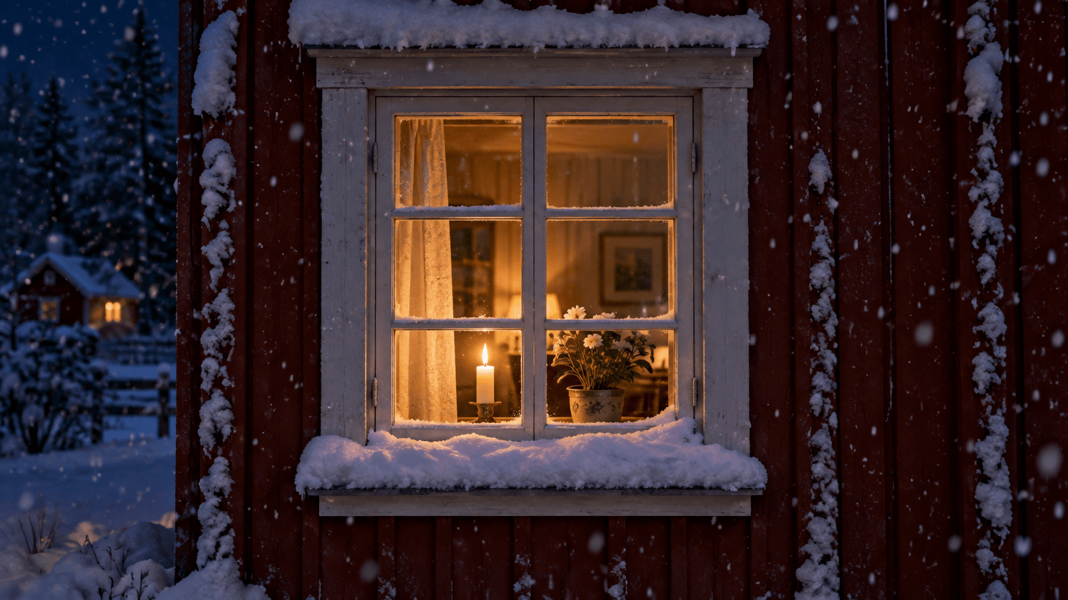 Upplyst spröjsat fönster med ett tänt ljus i ett rött trähus en snöig vinterkväll