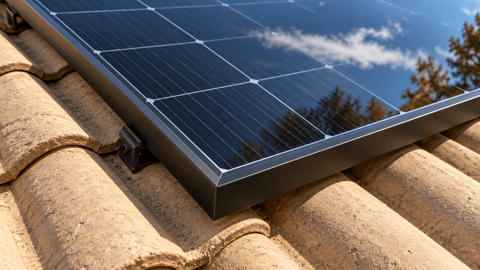 Närbild på hörnet av en ny svart solpanel på ett sandfärgat lertegeltak, där glaset speglar en djupblå höstblå himmel