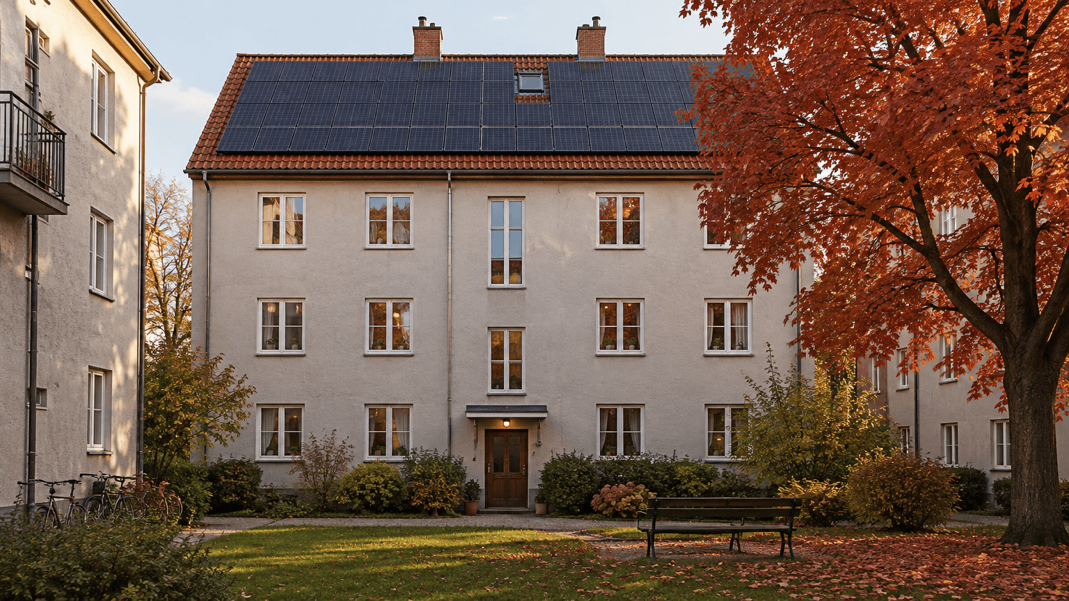 Ljusgrått putsat flerbostadshus från 1940-talet med ett brant rött tegeltak täckt av svarta solpaneler, sett från innergården med en lönn i höstfärger