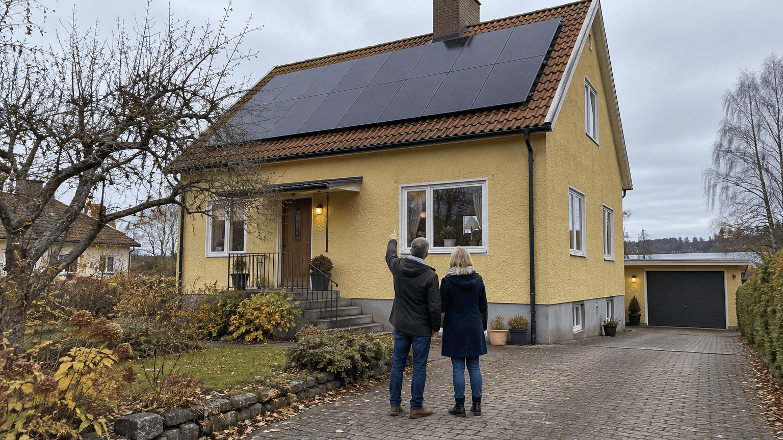 Par på en garageuppfart som tittar upp och pekar mot svarta solpaneler på ett tegeltak på en gulputsad villa