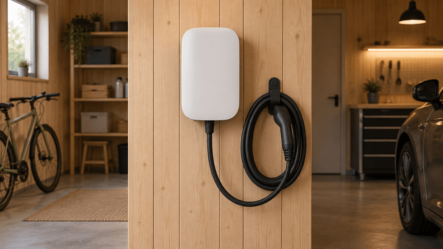 Vit väggmonterad laddbox med upprullad laddkabel på en ljus träpanel i ett garage