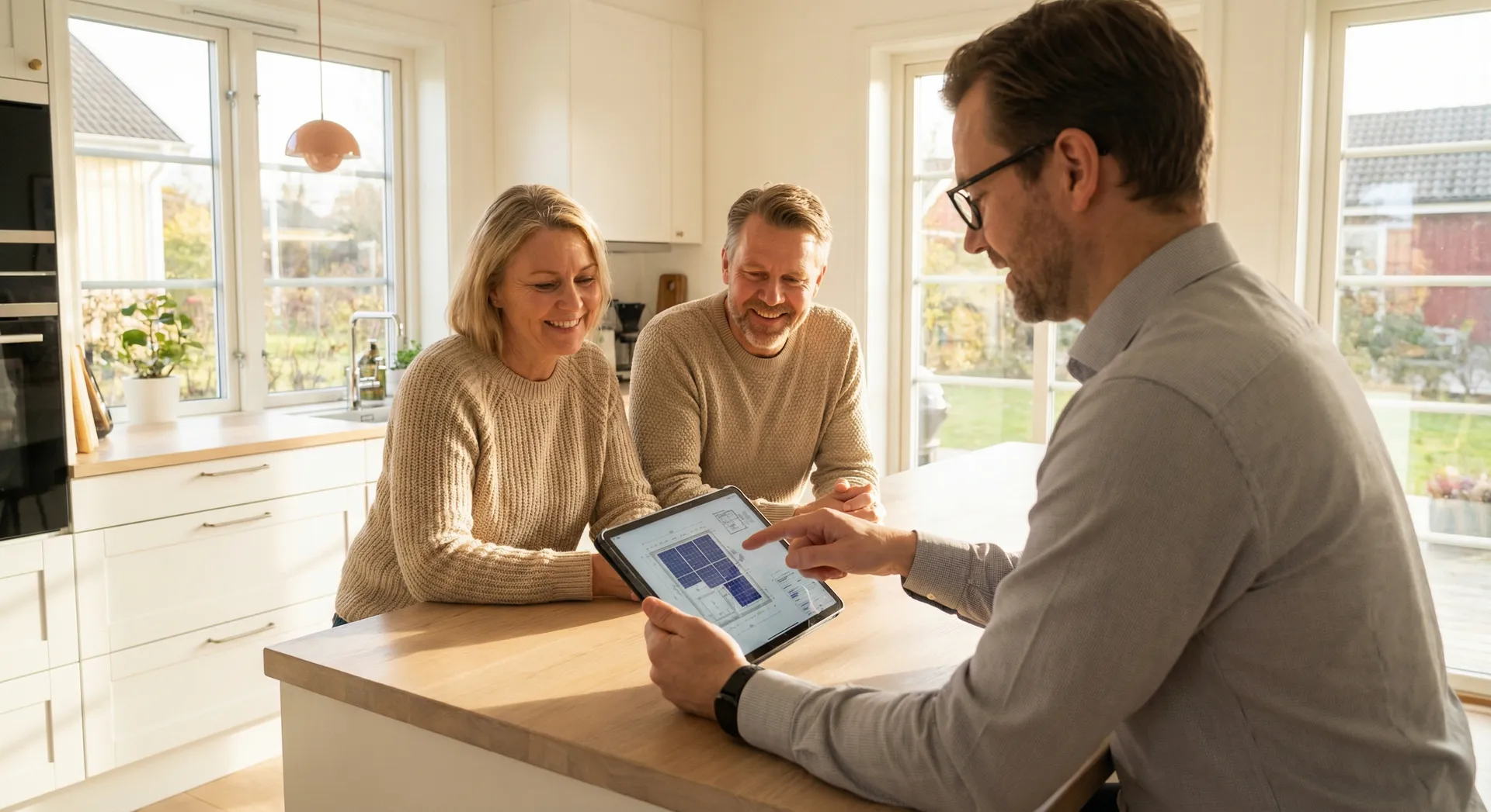 Energirådgivare visar installationsplan för ett par i deras kök