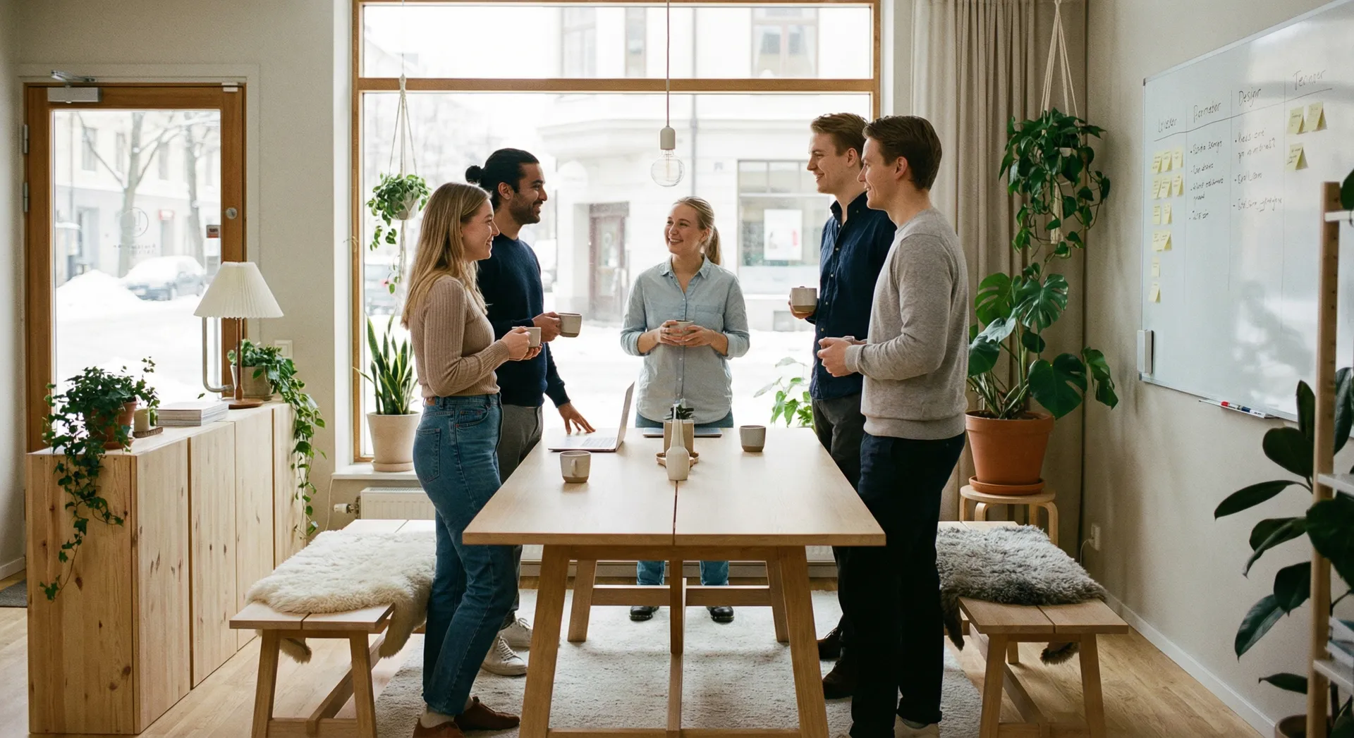 Energify-teamet under ett avslappnat morgonmöte på kontoret