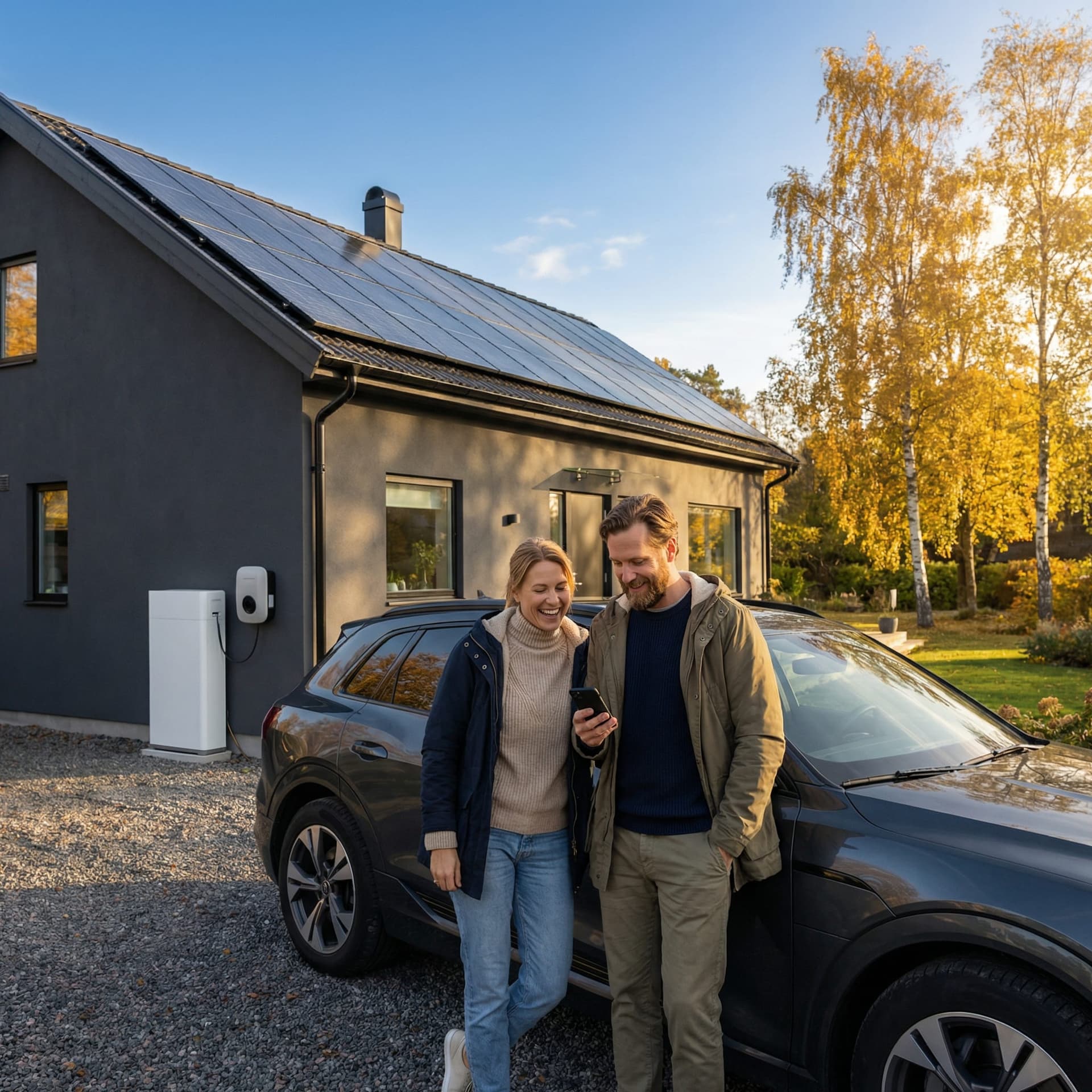 Par jämför energilösningar på mobilen framför hus med solceller