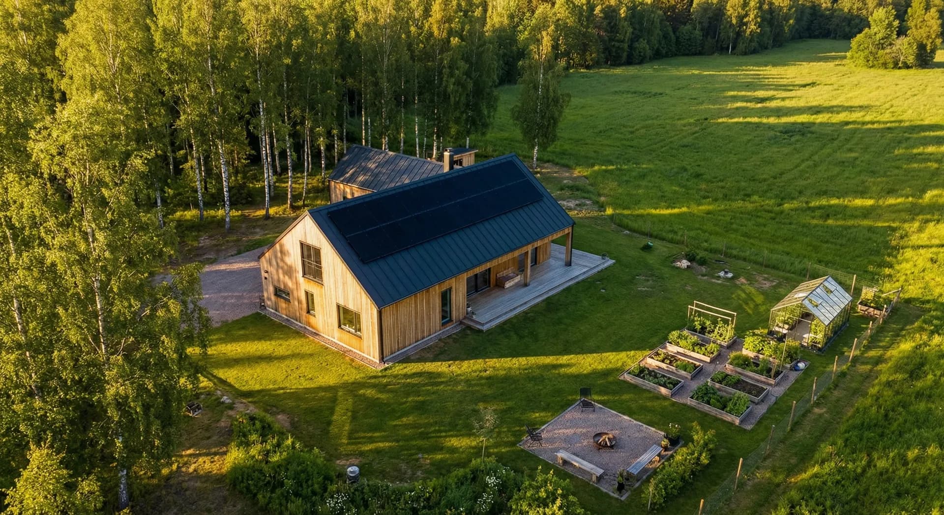 Svenskt hus med solceller omgivet av björkar och grön natur