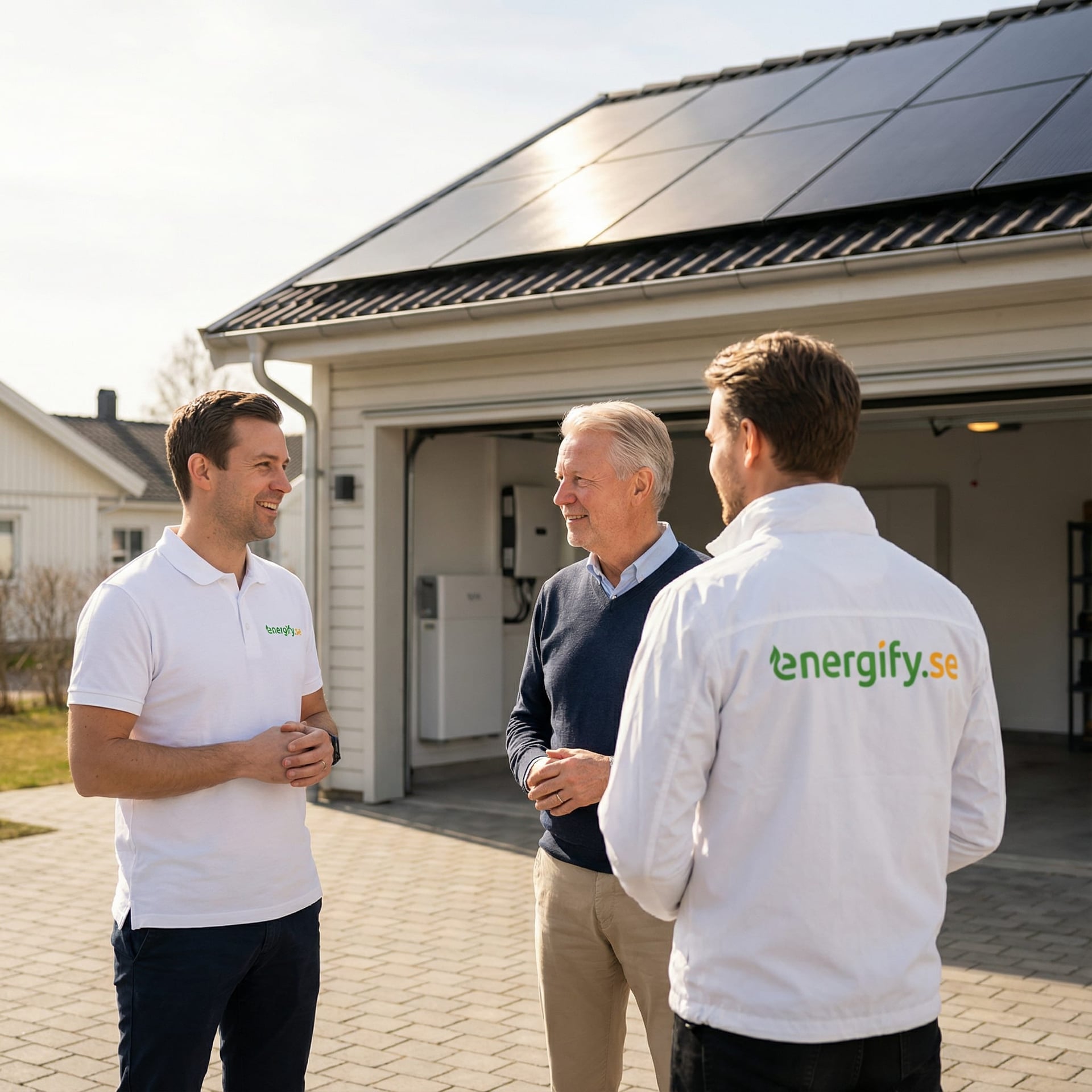 Energify-teamet med kund framför hus med solceller