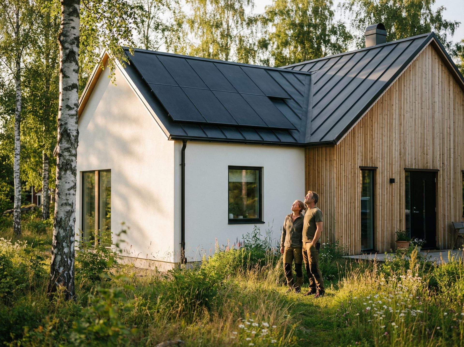 Svensk villa med solceller omgiven av björkträd och sommarblommor
